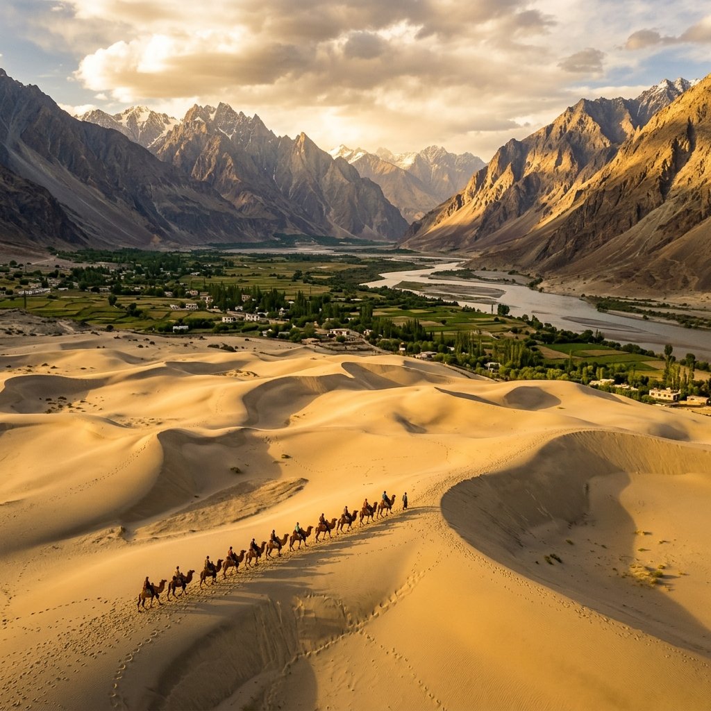 Nubra valley with sand dunes, camels, and mountains