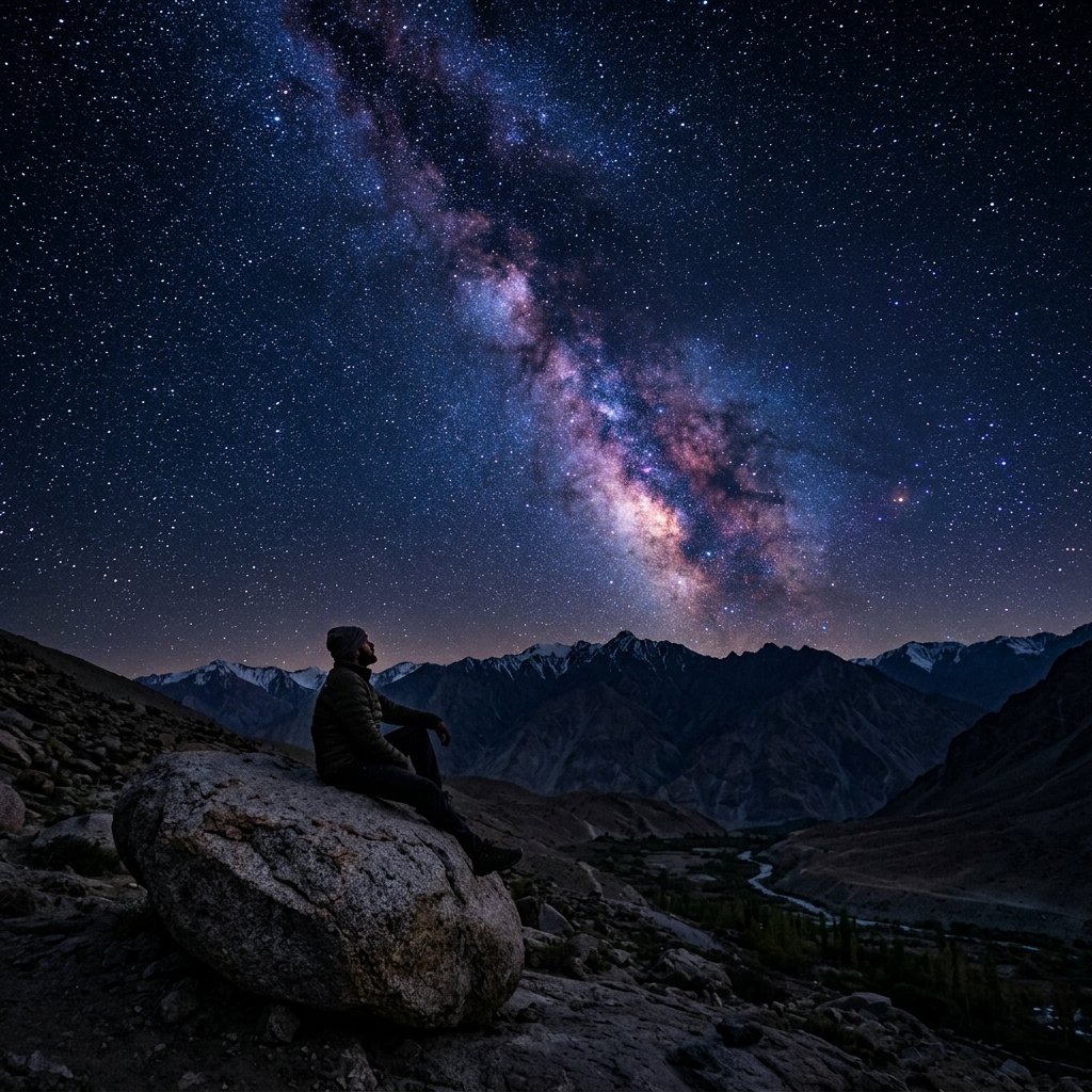 Milky Way over Ladakh mountains at night